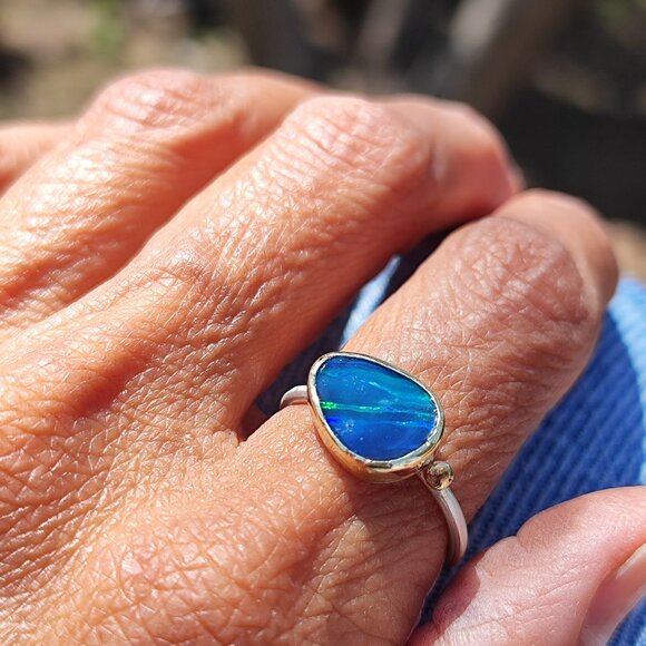 14K solid Yellow gold & Sterling silver ring with Blue Australian Opal. - Picture 11 of 14